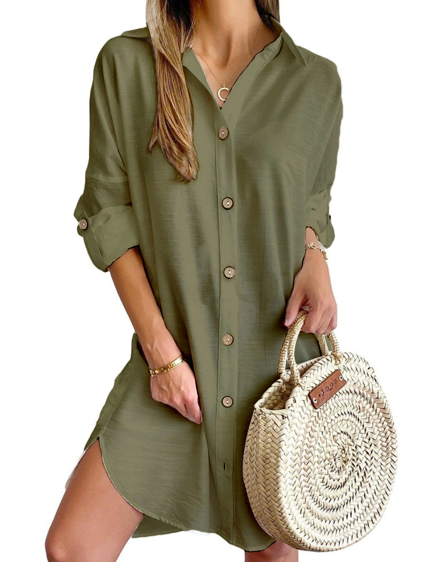 Oversized Shirt Dress with Lapel Collar and Roll-Tab Sleeves