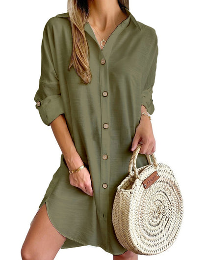 Oversized Shirt Dress with Lapel Collar and Roll-Tab Sleeves