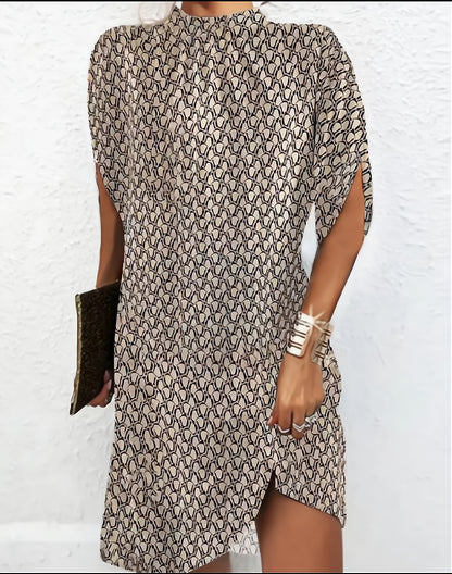 Floral Print Shift Dress with Mock Neck and Bat Sleeves