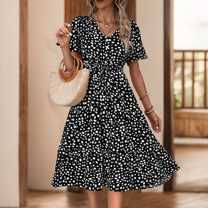 Tiered Leopard Print Midi Dress with V-Neck