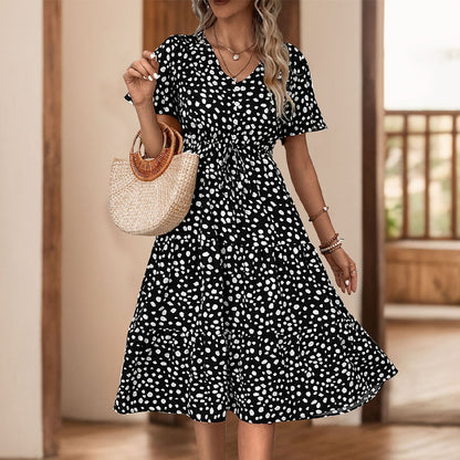 Tiered Leopard Print Midi Dress with V-Neck