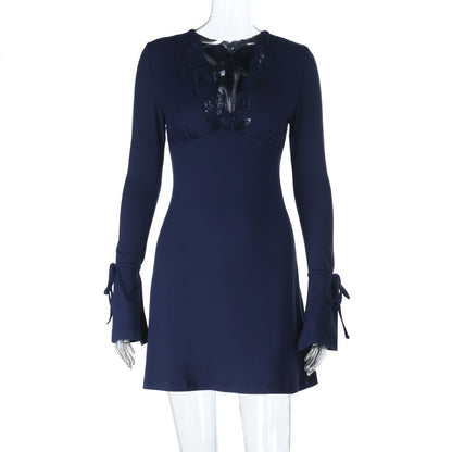 Lace-Trimmed V-Neck Mini Dress with Flared Sleeves