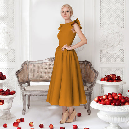 A-Line Midi Dress with Ruffled Shoulders