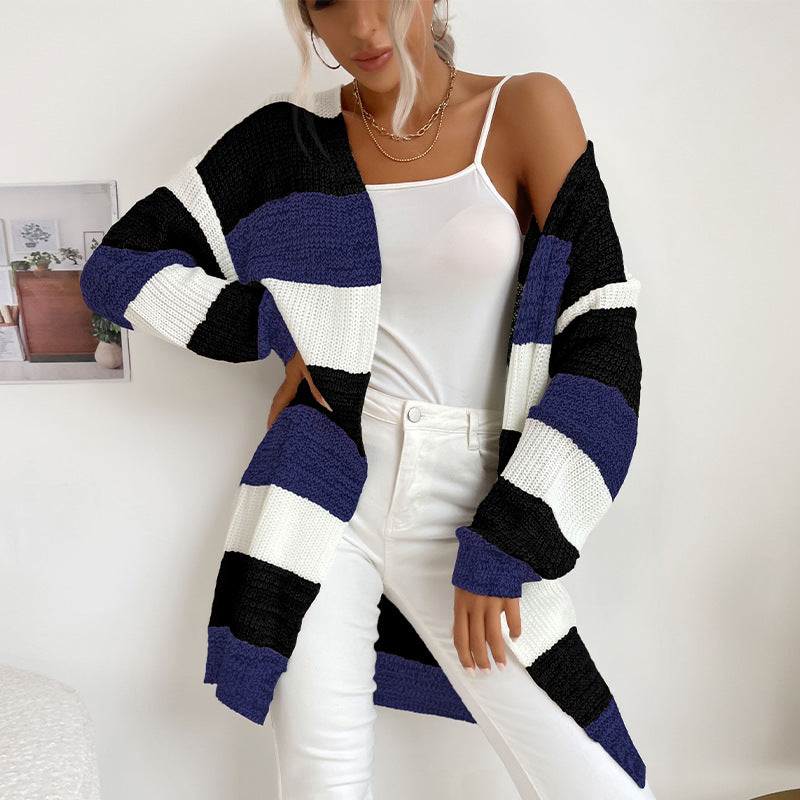 Striped Open Front Cardigan with Long Length