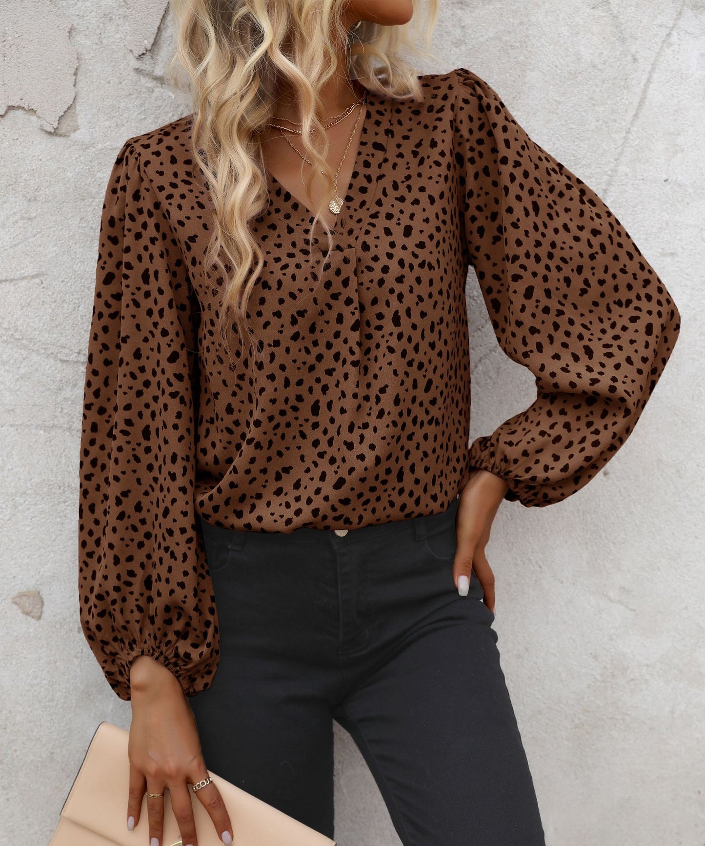 Leopard Dot Print Blouse with V-Neck and Long Sleeves