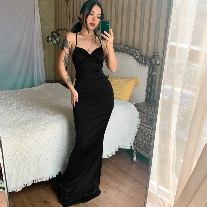 Bodycon Maxi Dress with Ruched V-Neck and Backless Detail