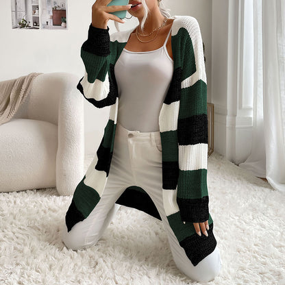 Striped Open Front Cardigan with Long Length