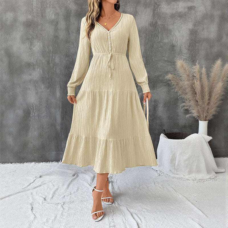 Solid Tiered Midi Dress with V-Neck and Drawstring Waist