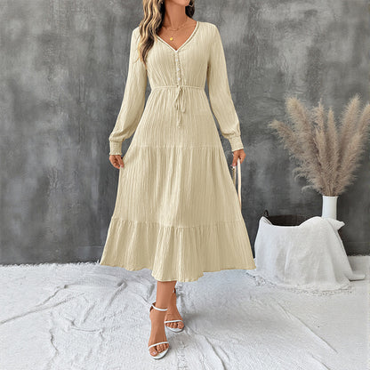 Solid Tiered Midi Dress with V-Neck and Drawstring Waist