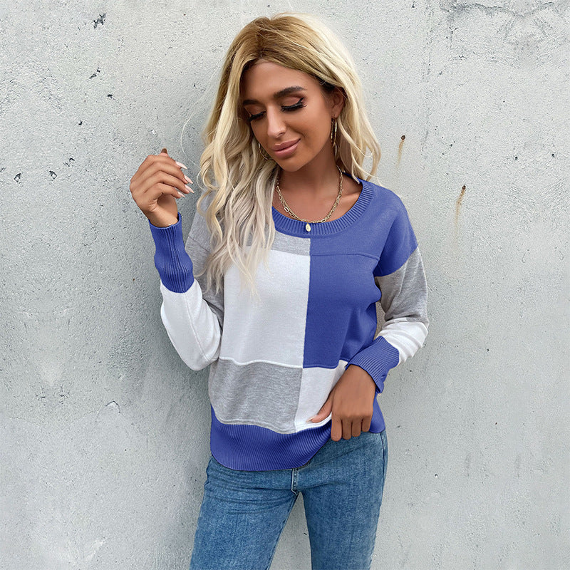 Contrast Color Patchwork Knitted Pullover with Round Neck
