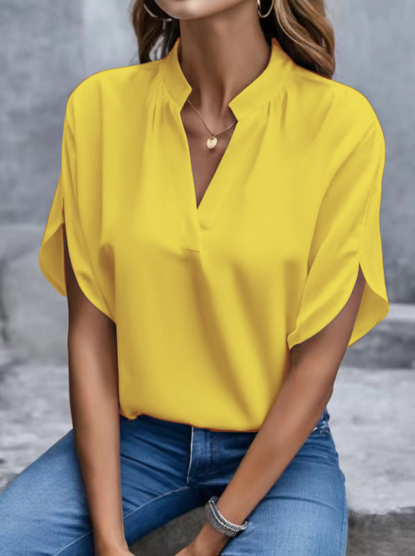 Loose Blouse with Split V-Neck and Slit Short Sleeves