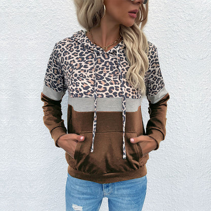 Leopard Print Color-Block Hoodie with Kangaroo Pocket