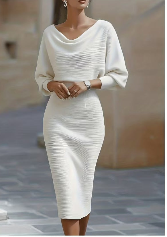 Ribbed Knit Sheath Dress with Cowl Neck and Dolman Sleeves