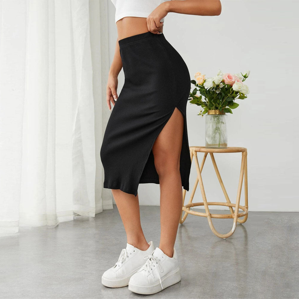 Ribbed Knit Bodycon Midi Skirt with High Side Slit