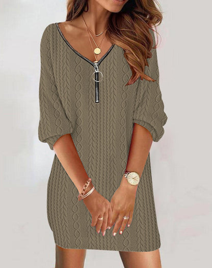 Cable Knit Tunic Dress with V-Neck and Quarter Zip