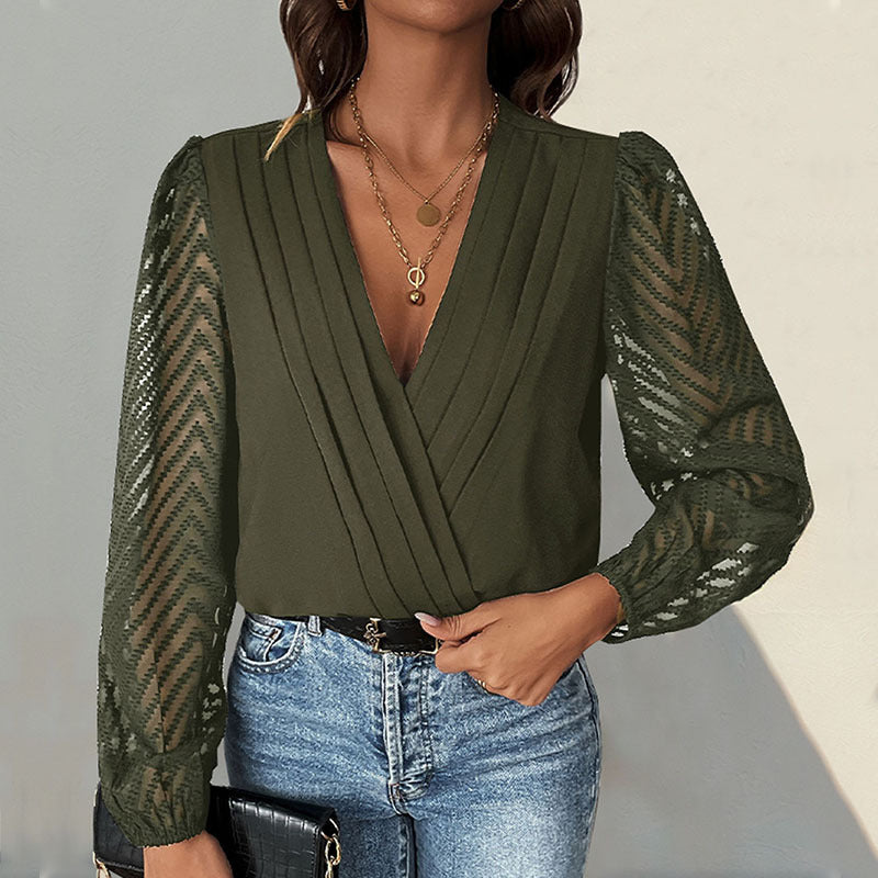 Wrap V-Neck Blouse with Pleated Front and Sheer Sleeves