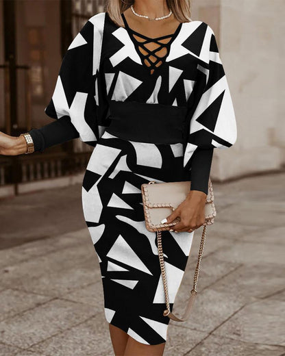 Geometric Print Sheath Dress with Lace-Up V-Neck and Dolman Sleeves