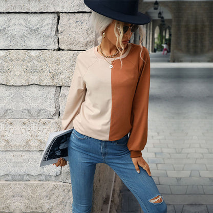 Color-Block Long-Sleeve Top with Crewneck and Relaxed Fit