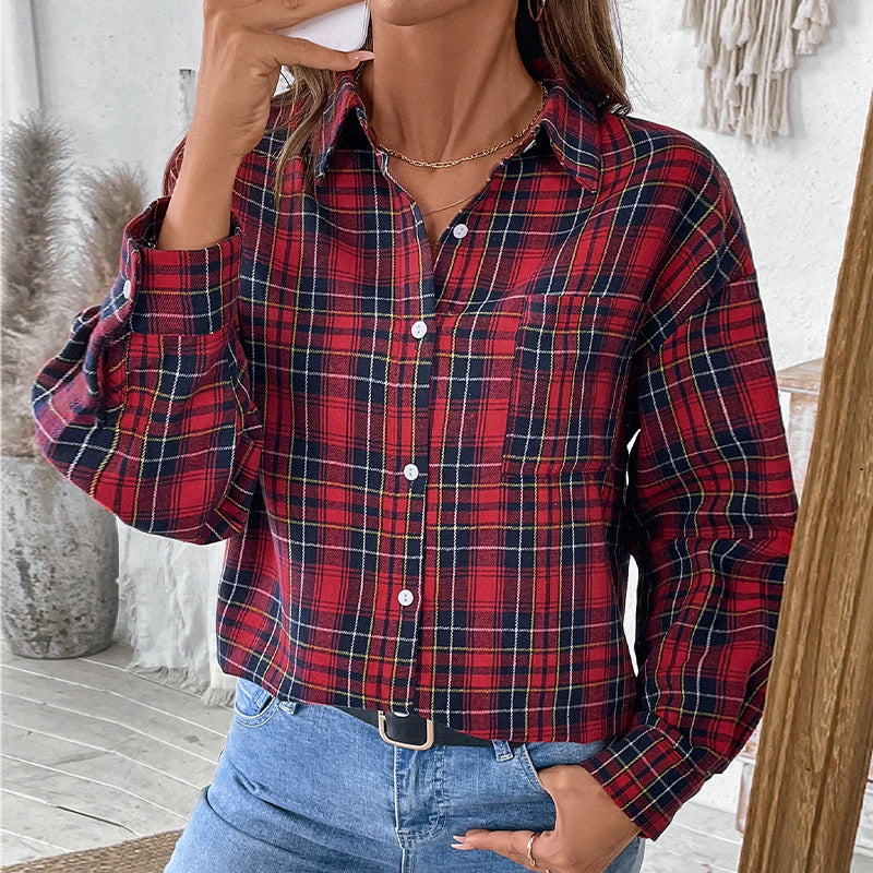Plaid Button-Down Shirt with Lapel Collar and Long Sleeves