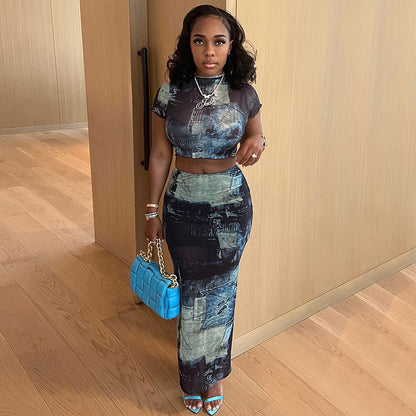 Abstract Print Bodycon Skirt Set with Mock Neck and Crop Top