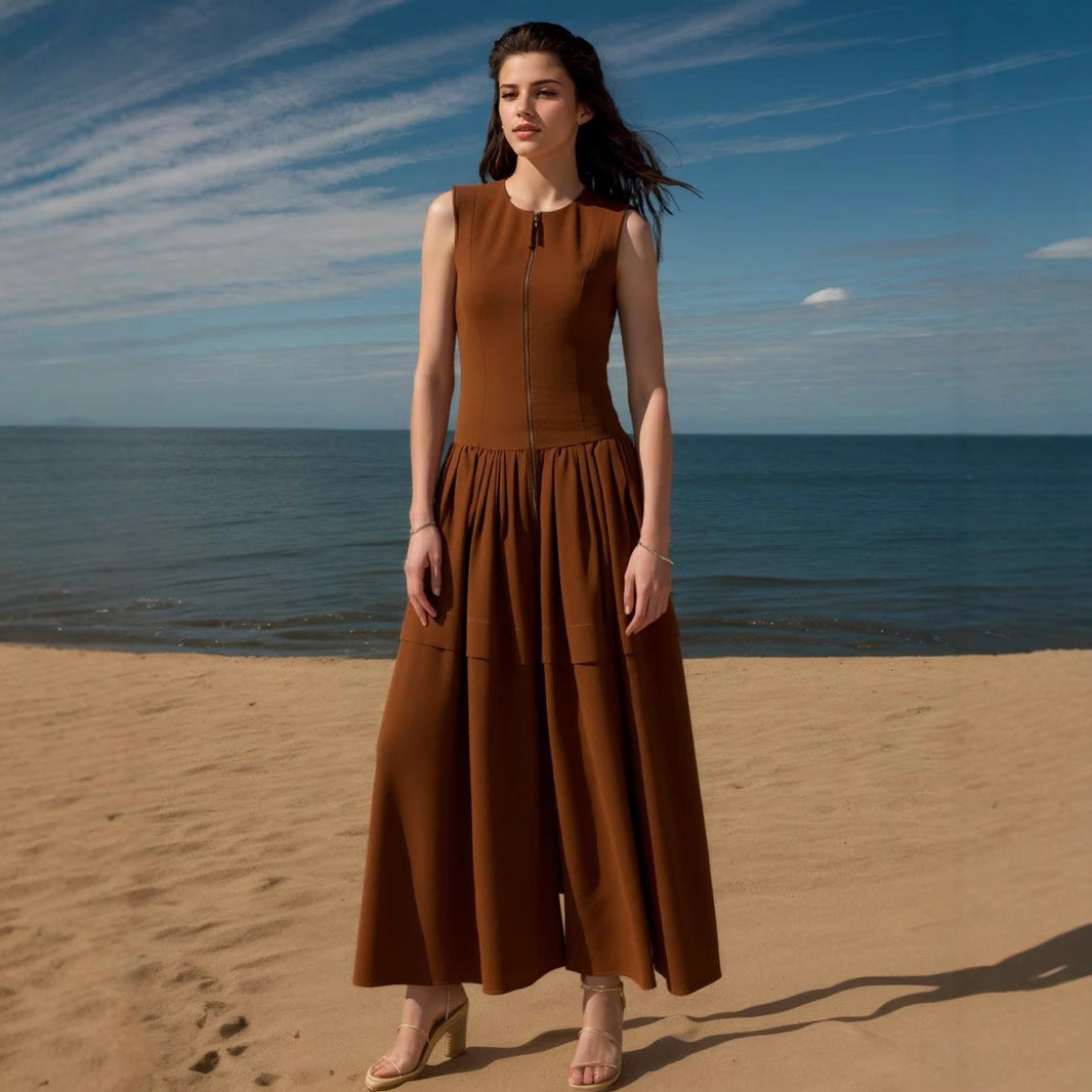 Sleeveless Round Neck Maxi Dress with Front Zipper and Tiered Skirt