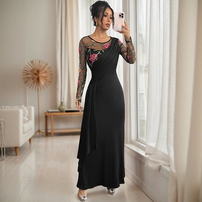 Maxi Dress with Floral Embroidered Sheer Sleeves and Asymmetrical Drape