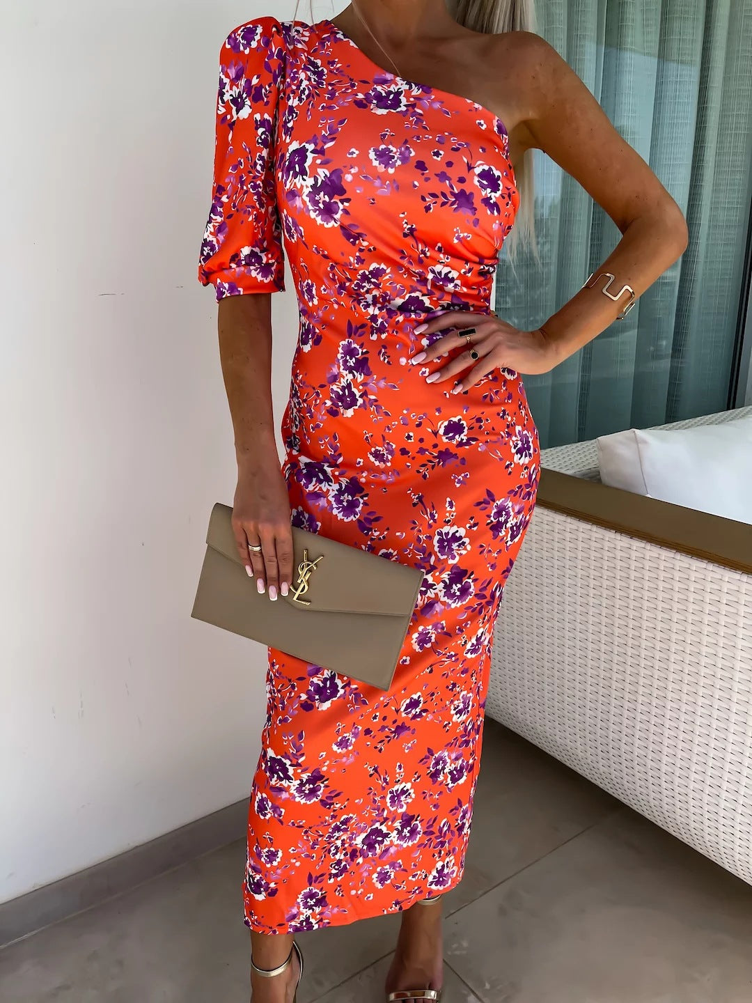 Ikat Print Midi Dress with One-Shoulder Puff Sleeve