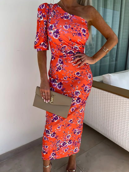 Ikat Print Midi Dress with One-Shoulder Puff Sleeve