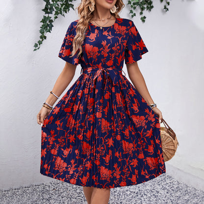 Floral Print Pleated Midi Dress with Tie-Waist