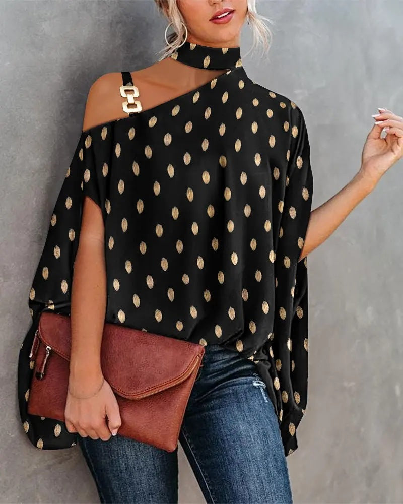 Printed Dolman Sleeve Blouse with Choker Neck and Chain Detail
