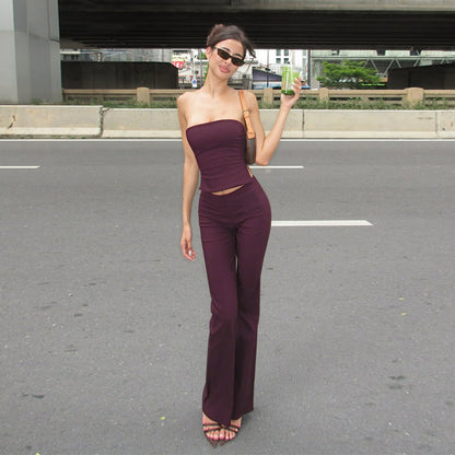 Ribbed Strapless Top and High-Waist Flared Pants Set