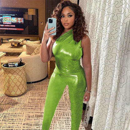 Metallic One-Shoulder Bodycon Jumpsuit with High Waist