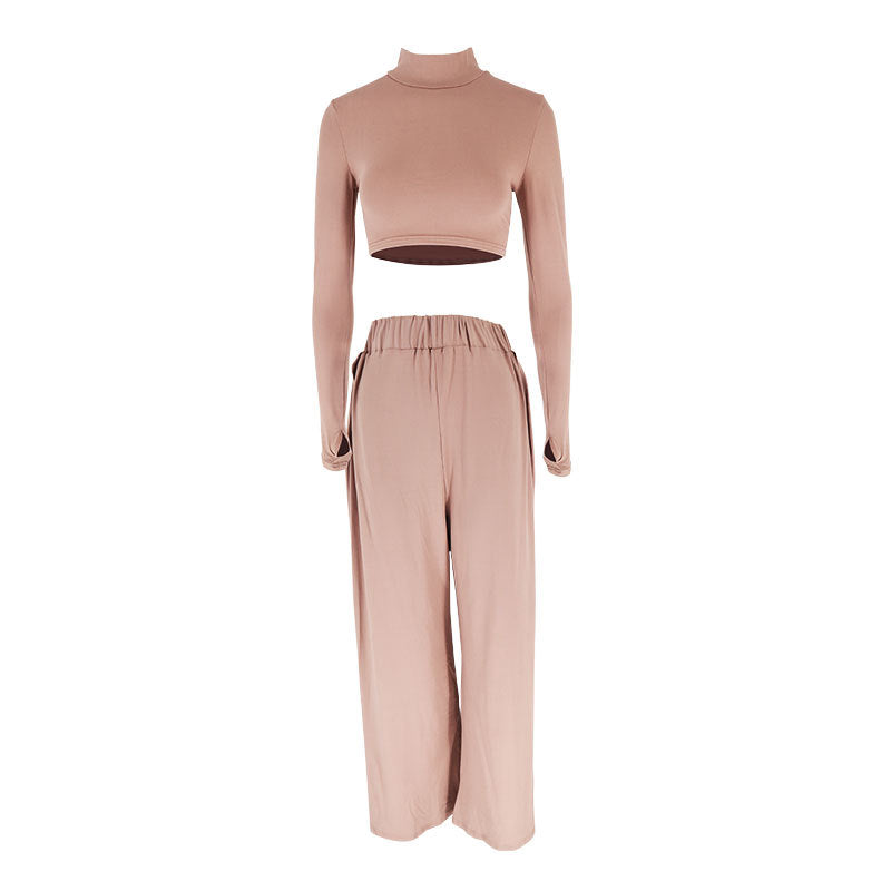 Mock Neck Long Sleeve Crop Top and High Slit Midi Skirt Set