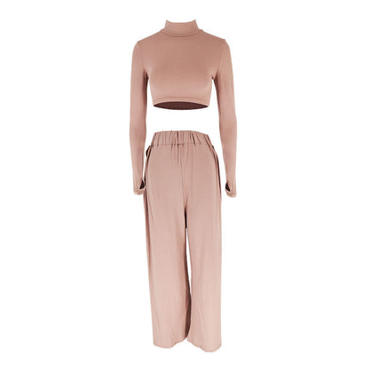 Mock Neck Long Sleeve Crop Top and High Slit Midi Skirt Set