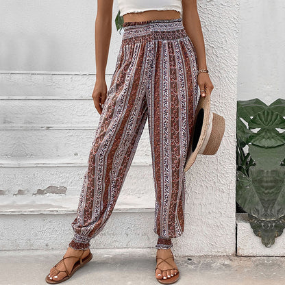 Retro Printed Jogger Pants with High Waist