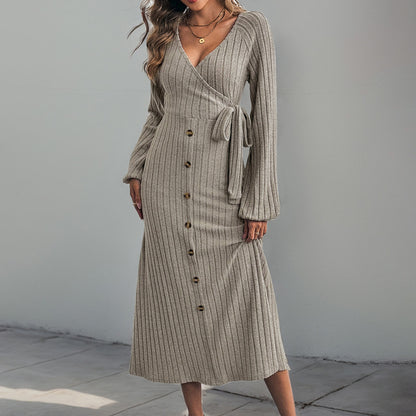 Solid Ribbed Knit Midi Dress with Wrap V-Neck and Button Front