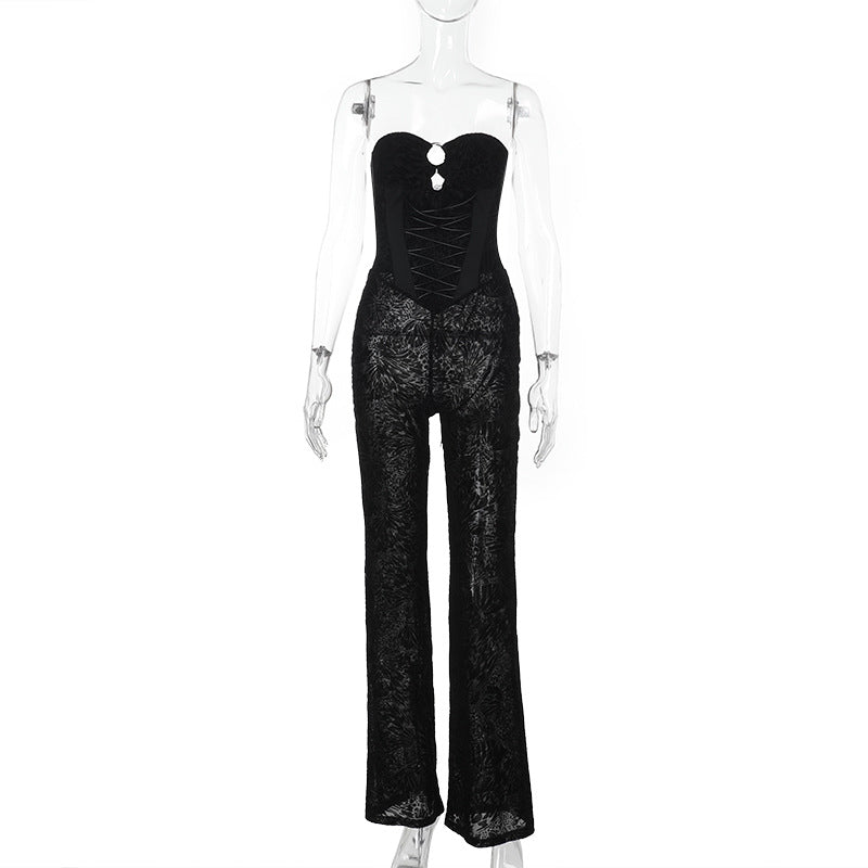 Strapless Bodycon Jumpsuit with Flocking and Lace-Up Detail