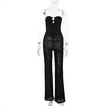 Strapless Bodycon Jumpsuit with Flocking and Lace-Up Detail