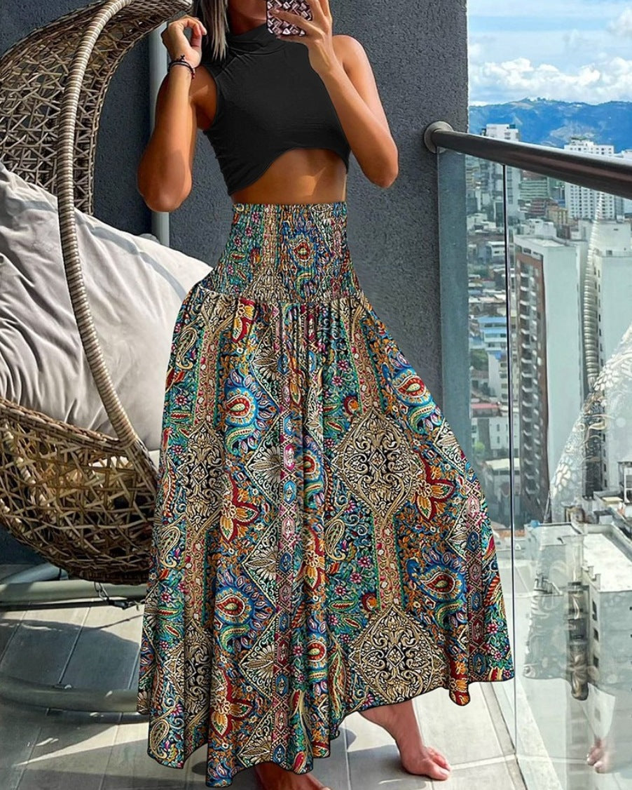 Bohemian Print A-Line Maxi Skirt with High Smocked Waist