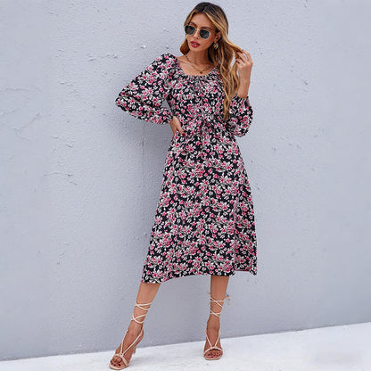 Floral Print A-Line Midi Dress with Tie-Neck and Puff Sleeves