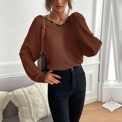 Loose Knit Pullover with V-Neck and Lace Trim