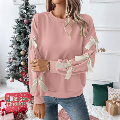 Loose Fit Solid Sweatshirt with Bow Detail Lantern Sleeves