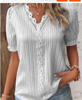 Pleated Short-Sleeve Blouse with Lace V-Neck
