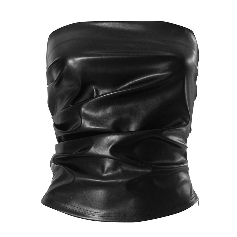 Faux Leather Strapless Tube Top with Pleated Front