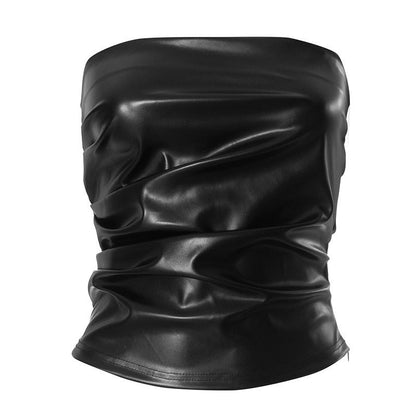 Faux Leather Strapless Tube Top with Pleated Front