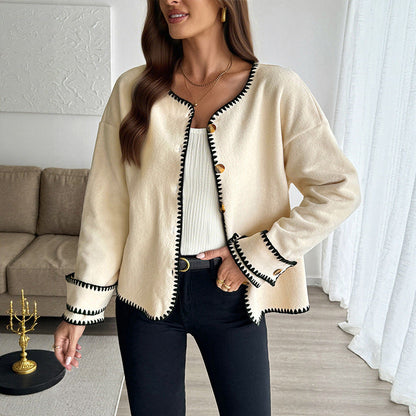 Loose Fit Fleece Jacket with Contrast Whipstitch Trim