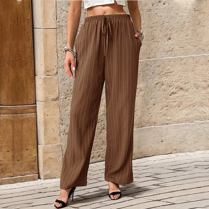 Textured Wide-Leg Trousers with High Waist and Drawstring