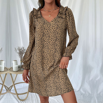 Leopard Print Loose Dress with Ruffled V-Neck and Long Sleeves