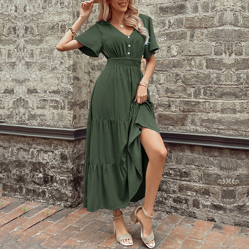 Solid A-Line Midi Dress with V-Neck, Shirred Waist, and Tiered Skirt