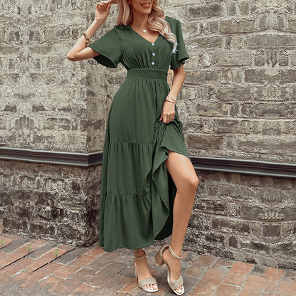 Solid A-Line Midi Dress with V-Neck, Shirred Waist, and Tiered Skirt